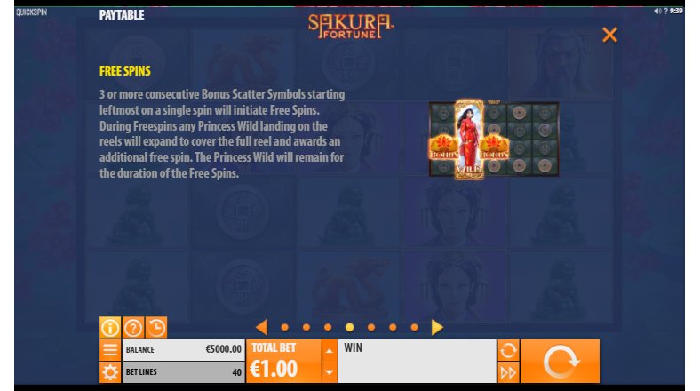 free spins feature of sakura fortune slot machine