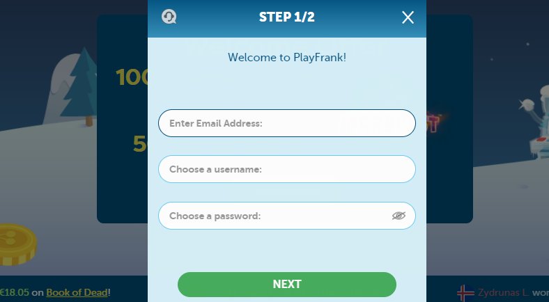 sign up step 1 at playfrank