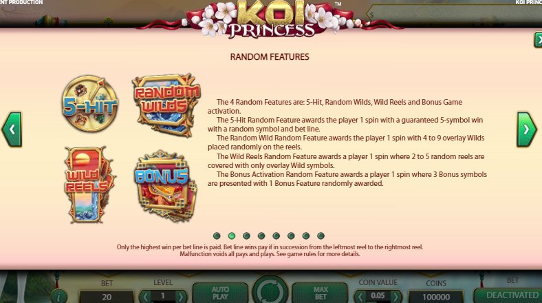 random features in koi princess video slot