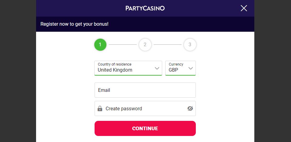 sign up step 1 at party casino