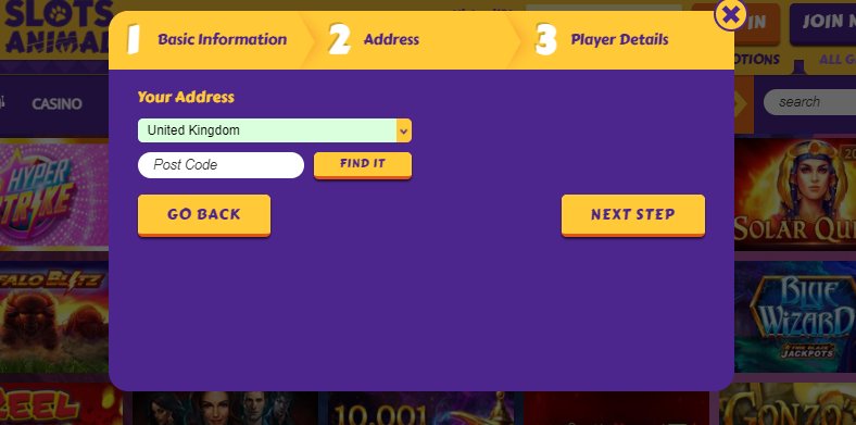 a sign up step 2 at slots animal