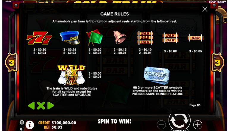wild and scatter feature of gold train video slot