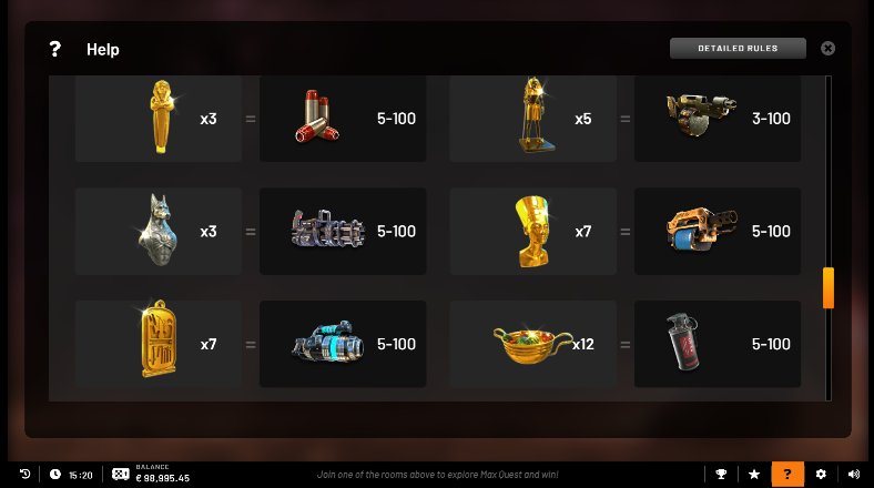 rewards in max quest video slot