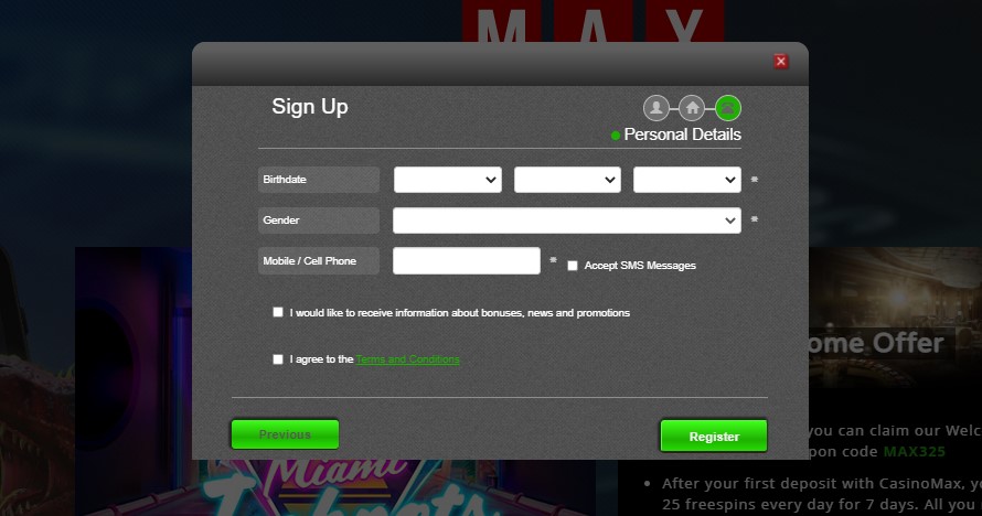 sign up form step 3 at casinomax