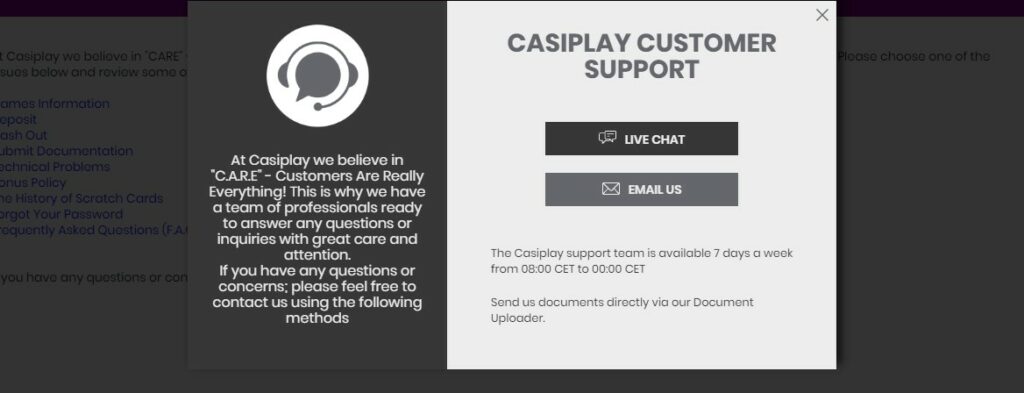 contact casiplay casino via live chat