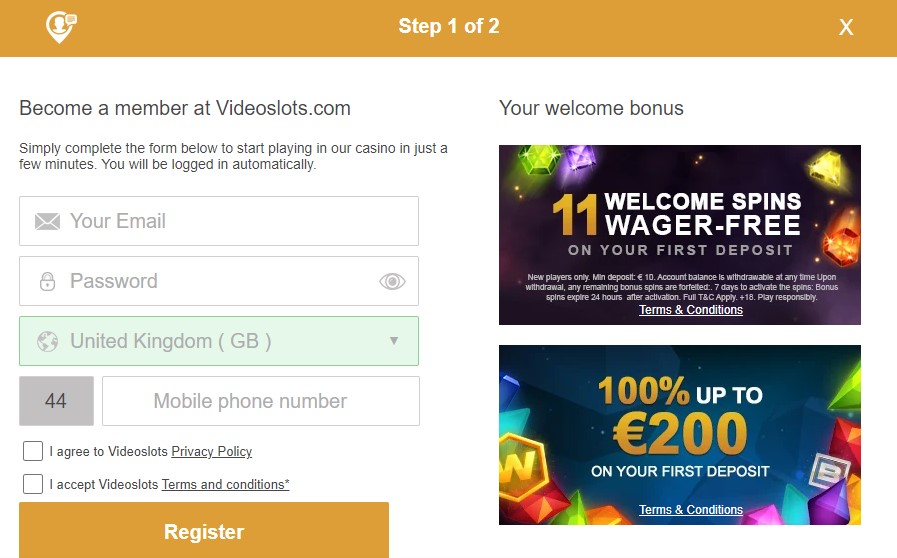 stage 1 of sign-up at videoslots